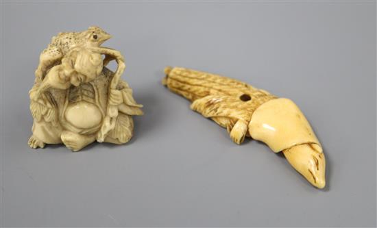 An 18th/19th century ivory netsuke and a staghorn Gamma Sennin netsuke